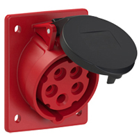Pin and Sleeve Receptacle Outlet Devices 888-1227-NS IEC 60309 Panel Mount Receptacle Angled Type, IP44 Rated, 20A 200-415V, 16A 220/380-240/415V, 6H, IEC 309 International Pin and Sleeve Devices  